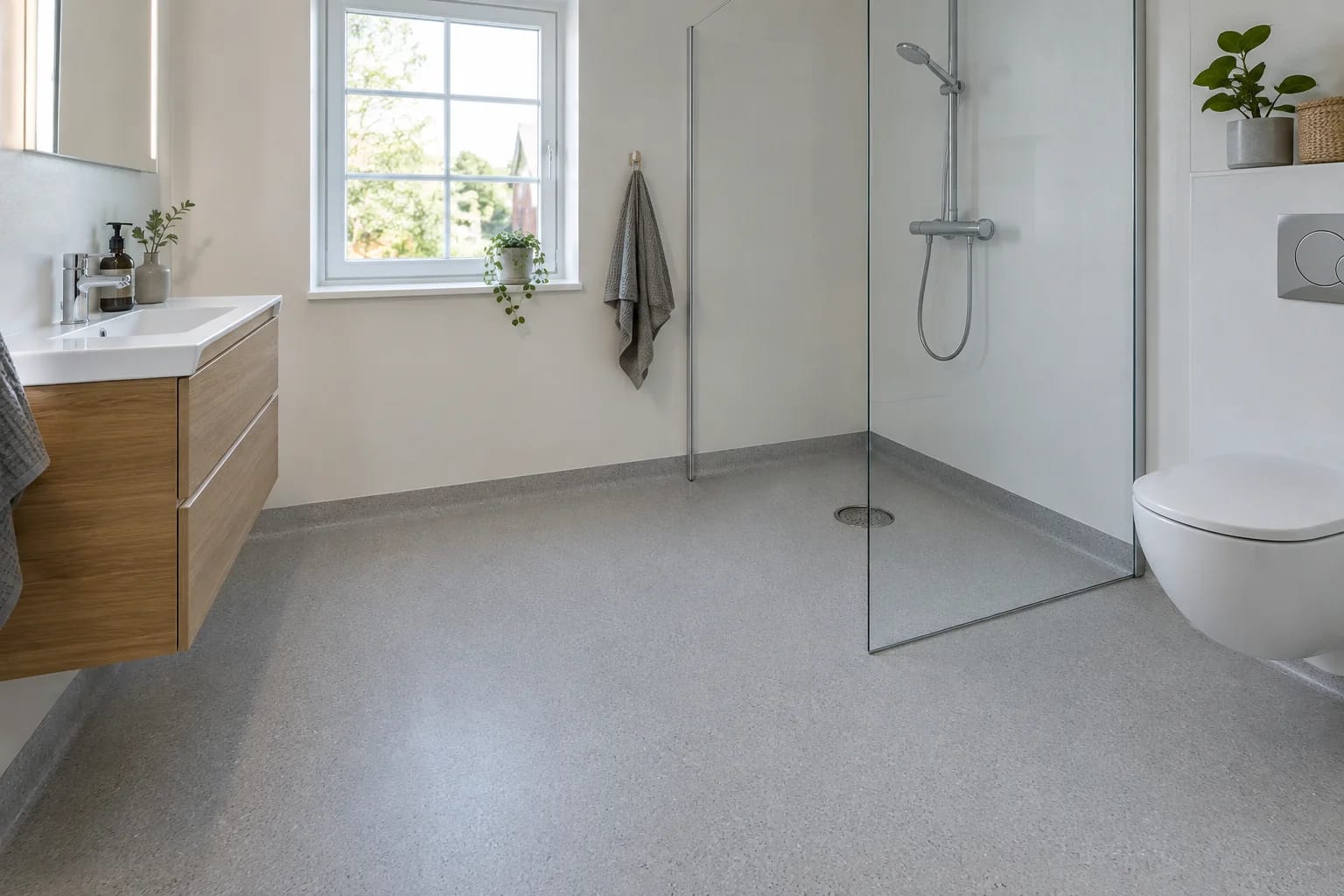 Illustration: ljust badrum med heltäckande grå våtrumsmatta som går upp en bit på väggen, och en golvbrunn i duschen